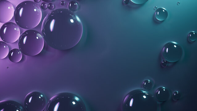 Teal and Violet Background with Water Drops on Surface. Contemporary Wallpaper with Copy-Space.