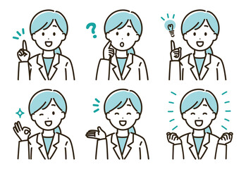 白衣を着た女性の表情バリエーションのイラストセット（単色）