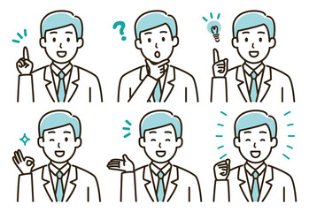 白衣を着た男性の表情バリエーションのイラストセット（単色）	