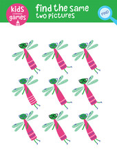 Find the same two pictures. Kids learning games collection. Cute dragonfly.