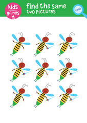 Find the same two pictures. Kids learning games collection. Cute wasp.