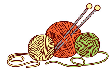 Vector flat illustration for children coloring book in a doodle style. Group of Balls of yarn for knitting