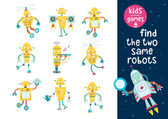 Kids learning game. Find the same robots.