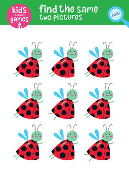 Find the same two pictures. Kids learning games collection. Cute ladybug.