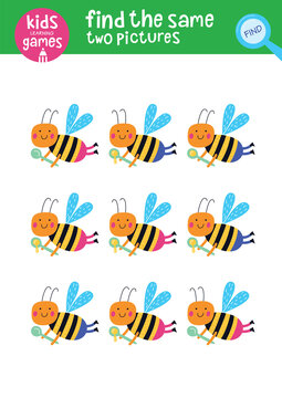 Find the same two pictures. Kids learning games collection. Cute bee.