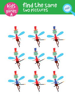 Find the same two pictures. Kids learning games collection. Cute mosquito.