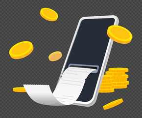 The receipt that I paid for was sent to my mobile and received illustration set. gold coin, invoice, app, 3d. Vector drawing. Hand drawn style.