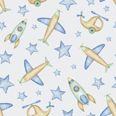 Air transport baby boy watercolor seamless pattern. Hand drawn  wooden toys wrapping paper, nursery boy fabric desing, baby shower decoration texture.
