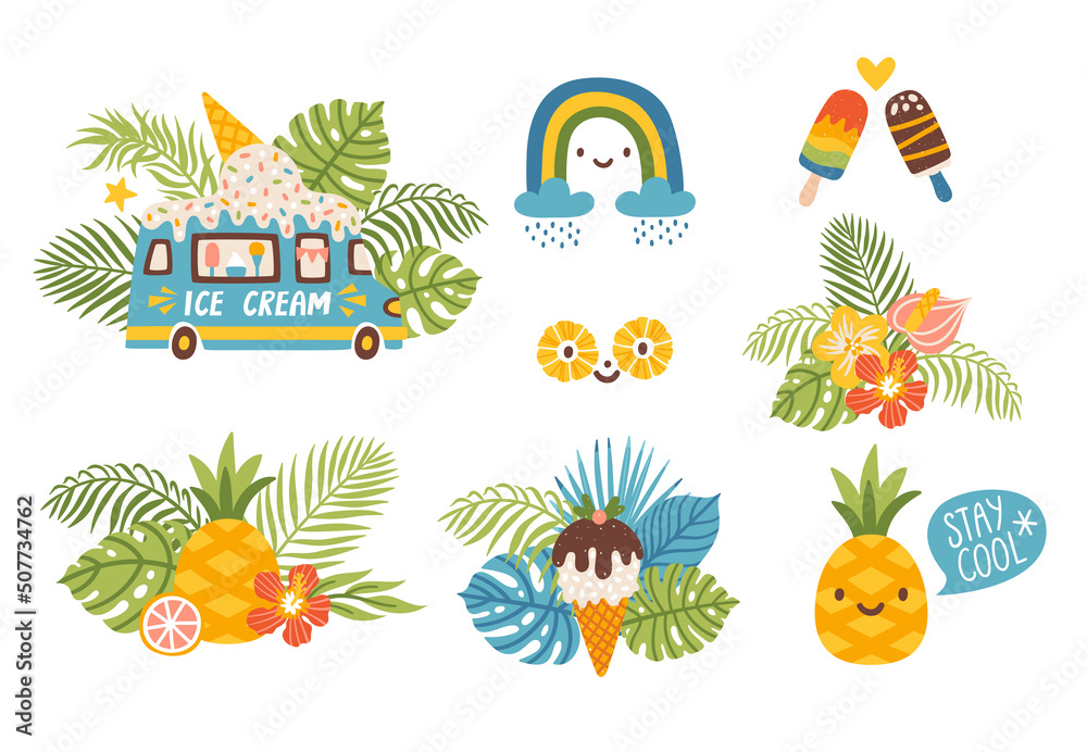 Wall mural vector set of bright summer icons with exotic fruits, palm leaves, flowers and ice cream. seasonal c