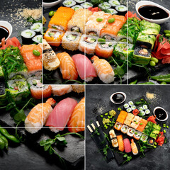 Collage of Sushi and roll set.