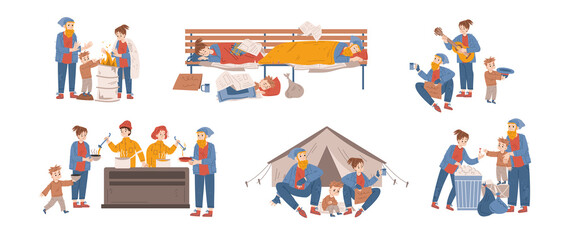 Fototapeta premium Beggars family, homeless people live on city street. Concept of poverty, charity help to refugee, hobo. Vector flat illustration of volunteers serving food for needy man, woman and boy