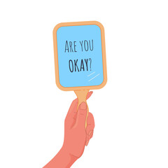 Hand holds up mirror with question, are you okay.Vector flat illustration
