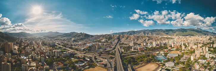CARACAS, VENEZUELA - MAY 2022 - Aerial panoramic view of the La Arana distributor, Panoramic View...