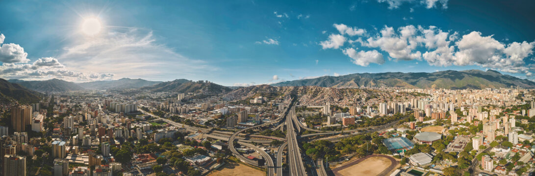 CARACAS, VENEZUELA - MAY 2022 - Aerial panoramic view of the La Arana distributor, Panoramic View of Francisco Fajardo highway in Caracas, Venezuela,