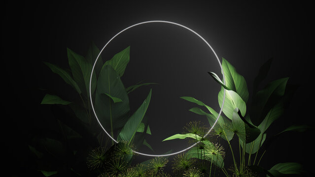 Tropical Leaves Illuminated with White Fluorescent Light. Exotic Environment with Circle shaped Neon Frame.