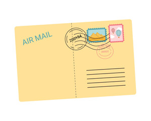 Closed airmail envelope with post stamps and seals from journey. Paper mail correspondence. Vector flat illustration isolated on white background