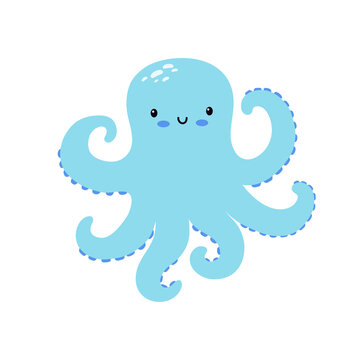 Vector illustration cute blue octopus. Vector illustration in flat cartoon style isolated on white background.