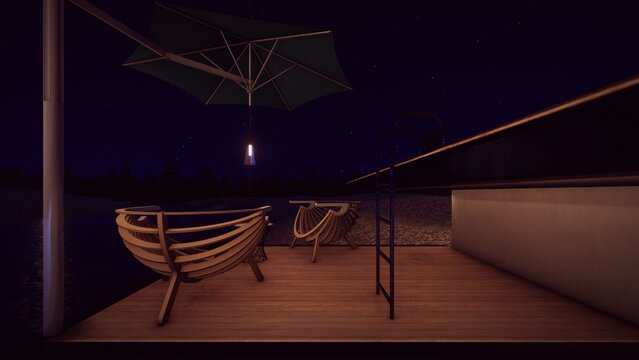 armchair and coffee table at the river side in the evening light on with stars 3d illustration