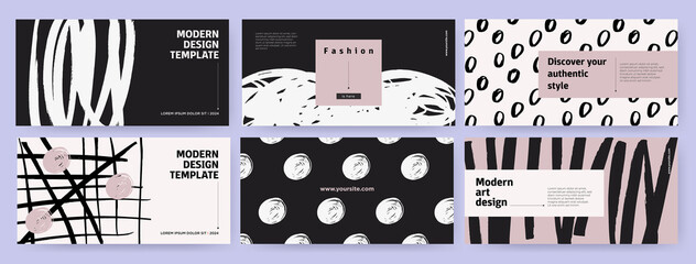 Creative covers or horizontal posters  in modern art style for corporate identity, branding, social media advertising, promo. Modern layout design template with abstract hand drawn doodle lines, dots © Tanya