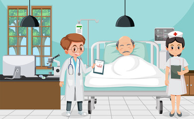 Elderly patient in hospital with doctor and nurse