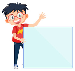 Cute boy holding blank board in cartoon style