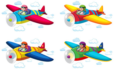 Set of children flying airplane