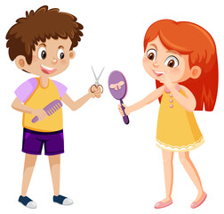 Kids holding hairdressing tools on white background