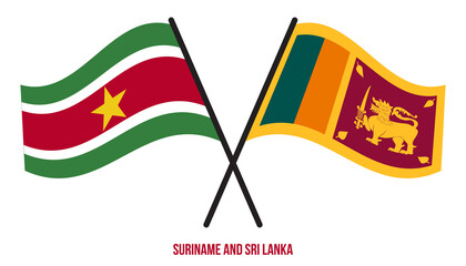 Suriname and Sri Lanka Flags Crossed And Waving Flat Style. Official Proportion. Correct Colors.