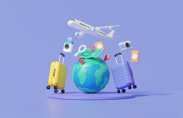 Minimal cartoon flight airplane travel tourism plane trip planning world tour luggage with pin location suitcase and map, leisure touring holiday summer concept. banner. 3d render illustration - obrazy, fototapety, plakaty