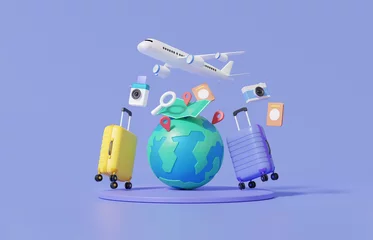 Foto op Canvas Minimal cartoon flight airplane travel tourism plane trip planning world tour luggage with pin location suitcase and map, leisure touring holiday summer concept. banner. 3d render illustration © N ON NE ON