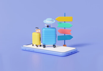 3D isometric suitcase hat camera Travel online booking service on mobile and signpost of travel on purple pastel background, Leisure touring holiday summer concept. 3d render illustration