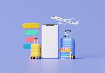 Travel online booking service on mobile suitcase and flight airplane. calendar appointment.Tourism trip planning world tour, leisure touring holiday summer concept. banner. 3d render illustration