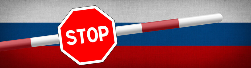 Flagge von Russland, Schranke und Stop Schild - obrazy, fototapety, plakaty