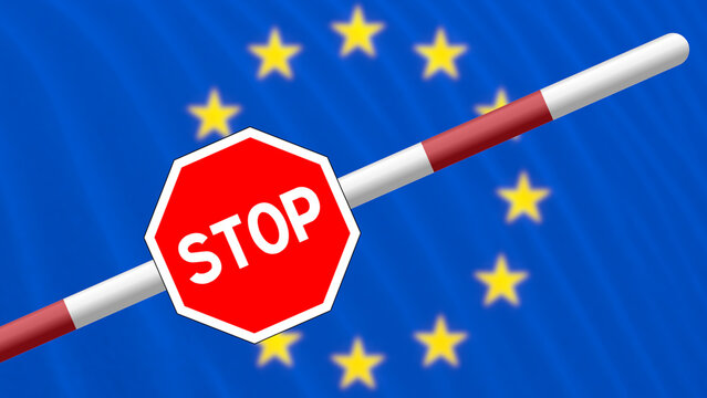 Flagge der Europ&auml;ischen Union EU, Schranke und Stop Schild