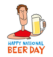 International beer day. Cheerful cool guy with a mug of lager. Vector graphics