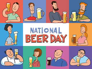 International beer day. Various cartoon characters with different beers. Vector graphics