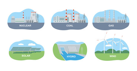 Power stations icons set. Various types of energy. Nuclear, coal, gas and hydroelectric power plants. Vector graphics