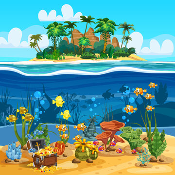 Tropical Island in ocean. Underwater sea bottom, coarl reef, fish, seaweeds, ancient treasure cheast. Sea landscape coast, tropical, palms, beach, sand, adventure, game. Vector illustration