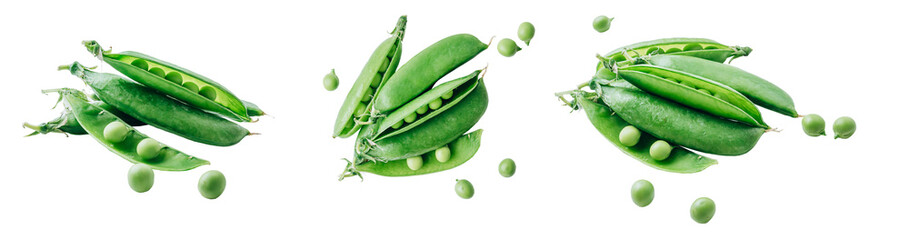 Green pea pods isolated on white background