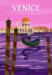 Venice Italia Poster retro style. Grand Canal, gondolier, architecture, vintage card. Vector illustration postcard © hadeev