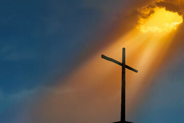 Christian cross over beautiful sunset background - 507741729
