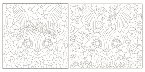 A set of contour illustrations in the style of stained glass with cute portraits of rabbits, dark contours on a white background