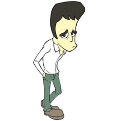 細身のカートゥーン男性のイラスト　黒髪　困り顔