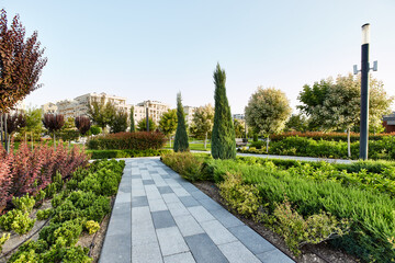 Obraz premium Stone footpath through a park with fresh green grass and trees around and light houses in the background at sunrise