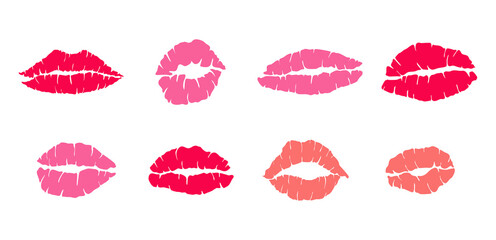 Red mark kisses lipstik pink mouth set. Hand drawn shape beauty sexy silhouette isolated on white background. Vector icon