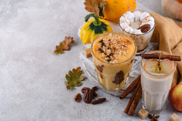 Set of autumn smoothie with pumpkin, apple and pecan