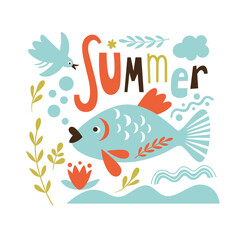 Hello Summer vector illustration. Lettering, fish and flowers.	
