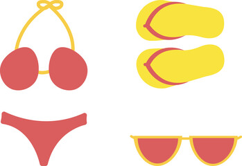 Summer Clothing Set for sunbath on Beach. Vector flipflops, swimsuit, glasses.
