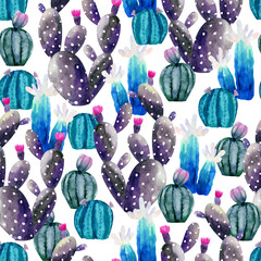 Cactuses succulents wild seamless pattern flowers colorful watercolor bright collections. Cacti beautiful trendy fashion fabric pattern. Hand drawn watercolor illustration.