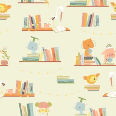 Seamless Pattern with Cute Animals reading Books on Bookshelves